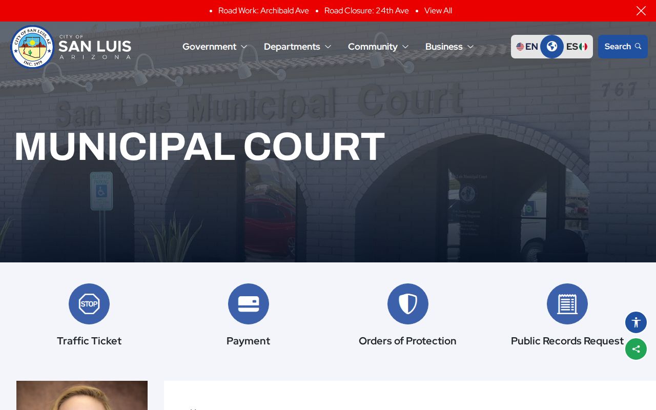 Official San Luis Municipal Court page with city court contact information