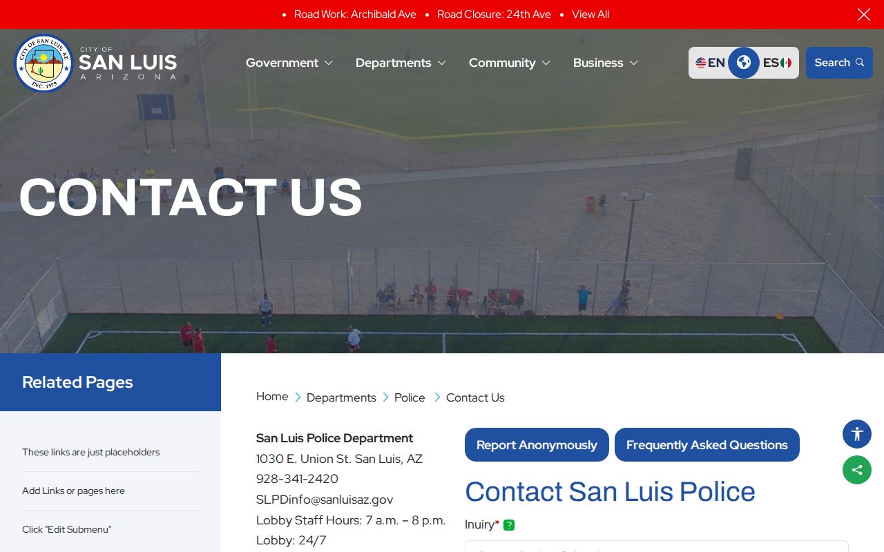Official San Luis Police Department contact page