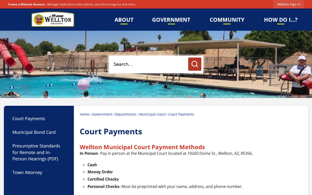 Official Wellton court payment page with payment and bond information