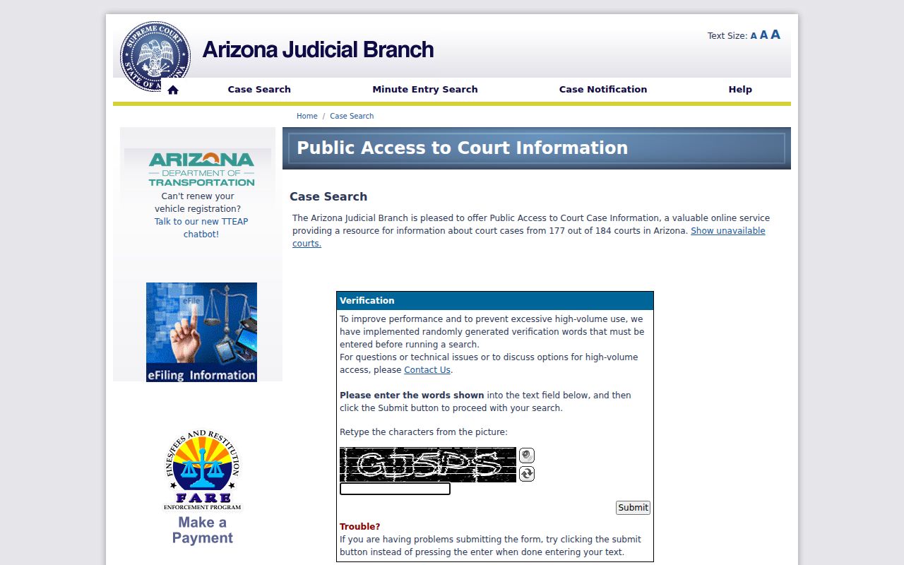 Yuma County warrant record research through Arizona Public Access Case Lookup