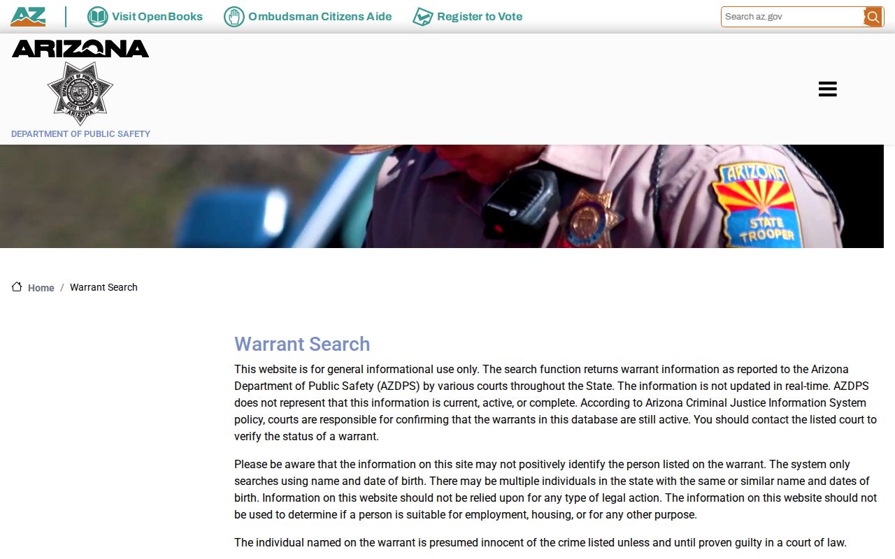 Yuma County warrant search fields on the Arizona DPS portal