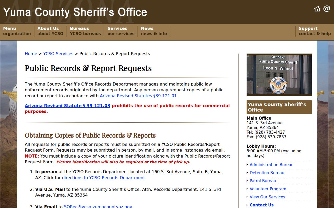 Yuma County warrant records request instructions from YCSO Records
