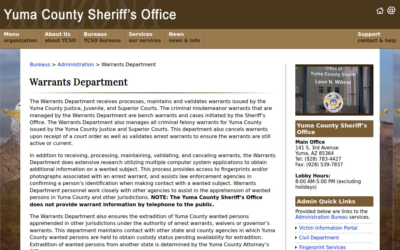 Yuma County warrant maintenance information from the Sheriff's Office